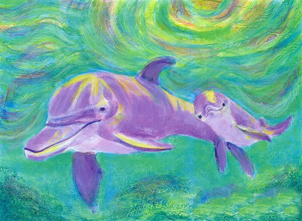 海底世界儿童画：海豚母子俩