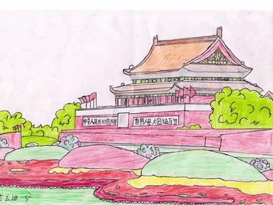 庆祝建国70周年儿童画-国庆节天安门城楼铅笔画