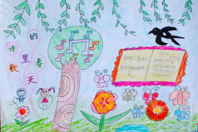 一幅春天漂亮简单的儿童画作品 - 诗歌里的春天