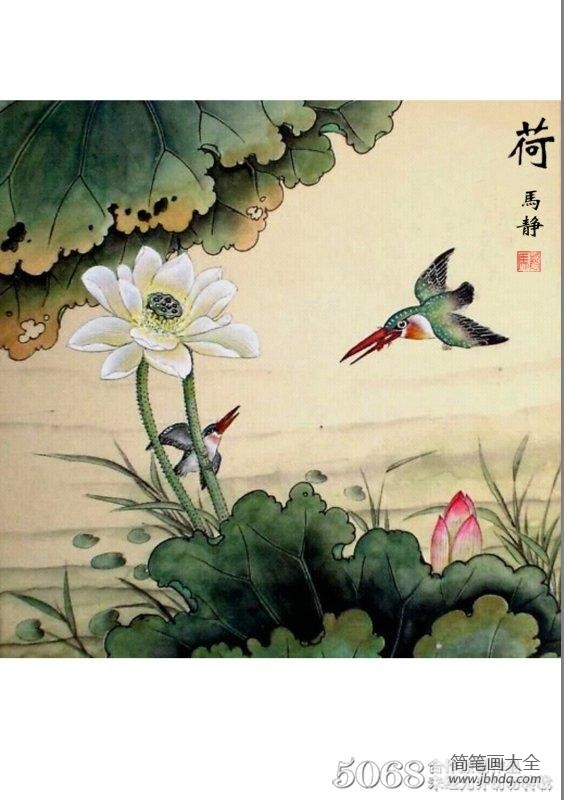 翠鸟芙蓉图儿童写意花鸟画