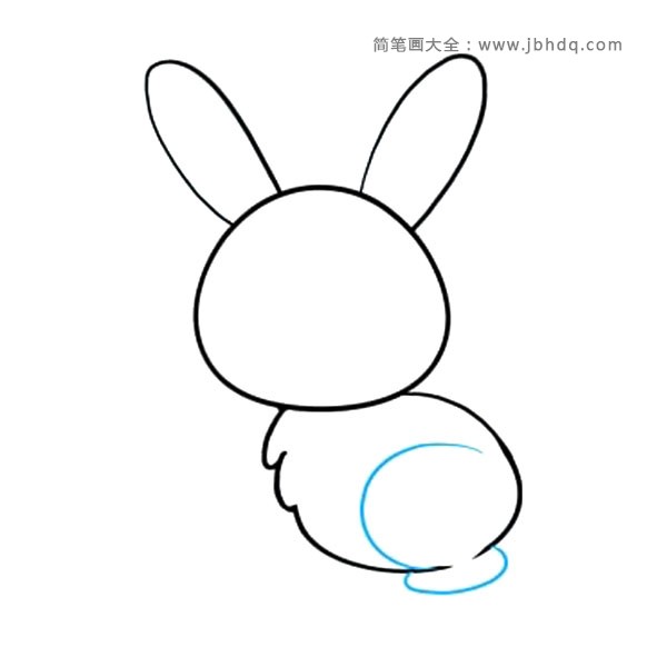 6.画一条曲线穿过兔子的身体，几乎围成一个圆,这是兔子的腿。画一只脚，用一条曲线把腿下面的圆形包裹起来。