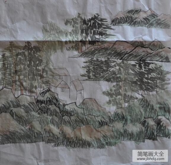 山村隐居图儿童入门写意画作品展示