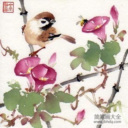 牵牛花和麻雀儿童春天国画教师范画