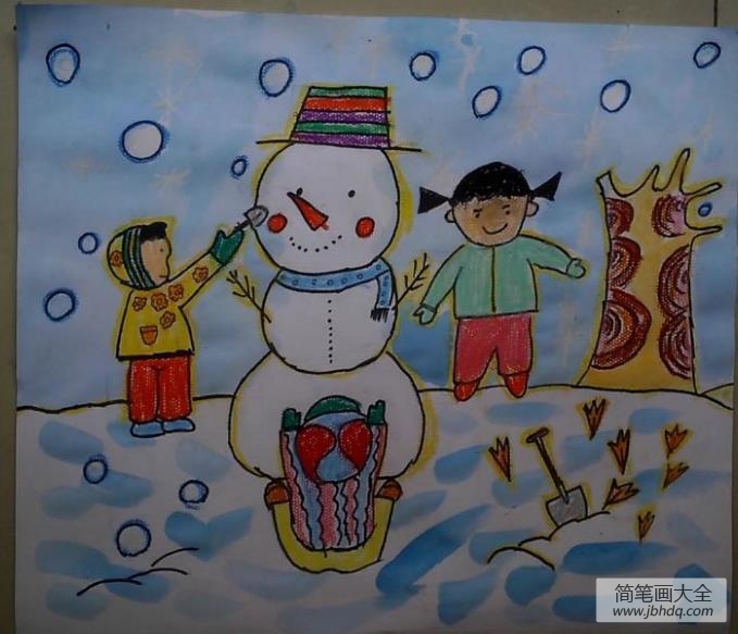 儿童画 和雪人玩耍