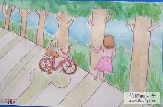 单车旅游水彩画