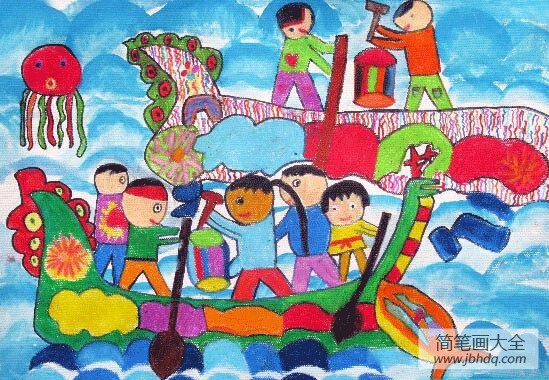 端午节赛龙舟儿童画-齐心协力赛龙舟