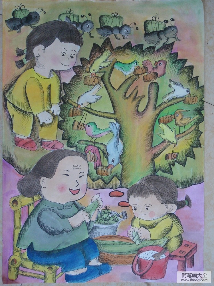 端午节获奖儿童画-和奶奶学包粽子