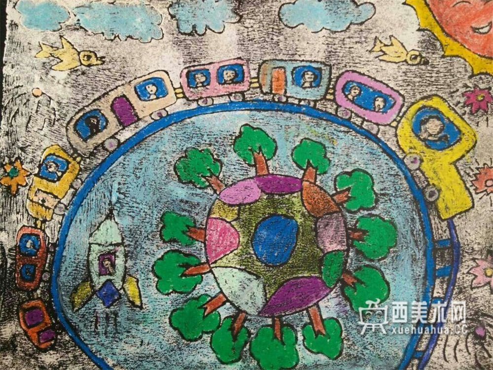 小学生获奖环保科幻画《环球铁轨》(1)