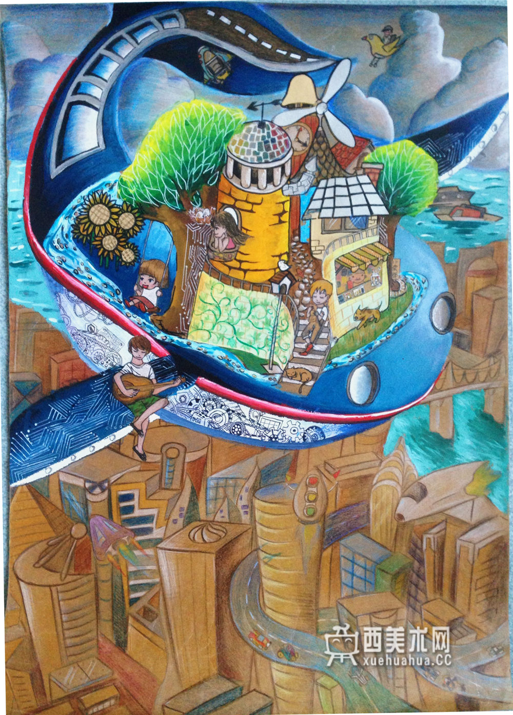 中学生科幻画《海陆空蓝鲸智能生态乐园》