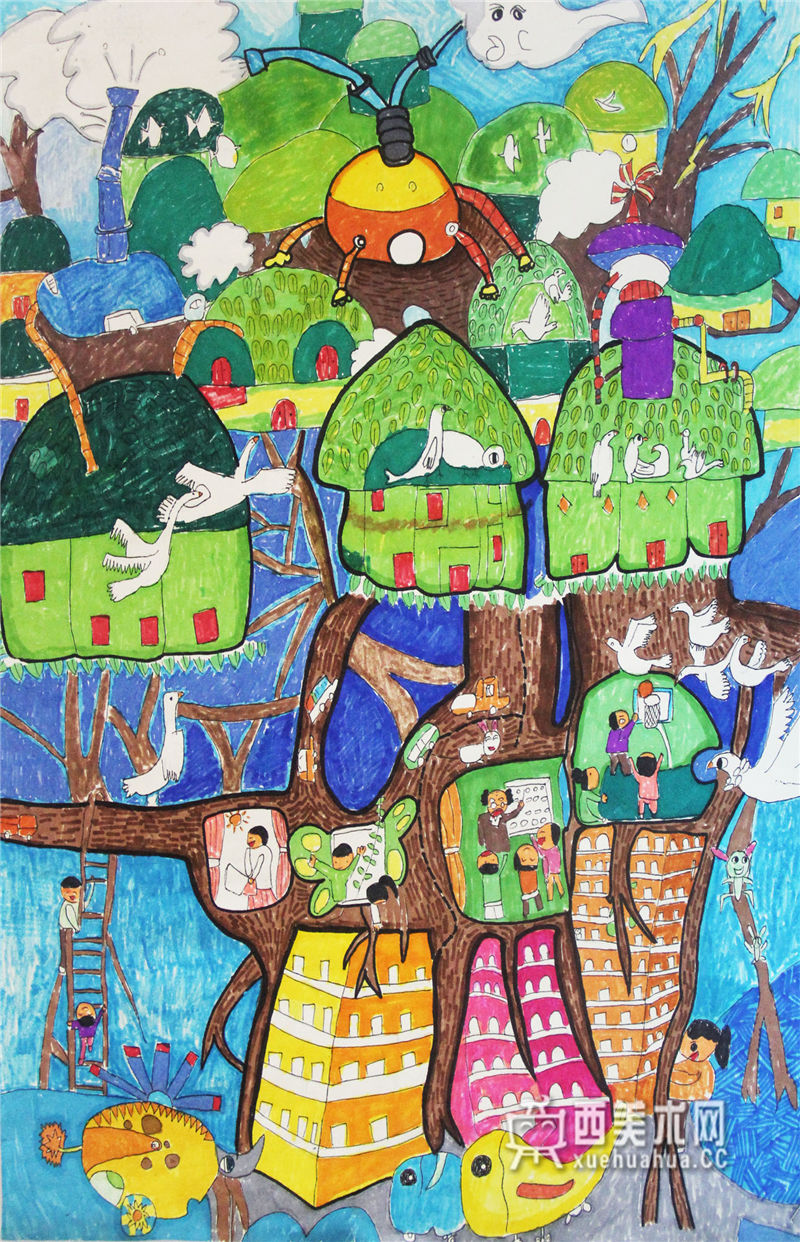 小学生环保科幻画《绿色树屋》(1)