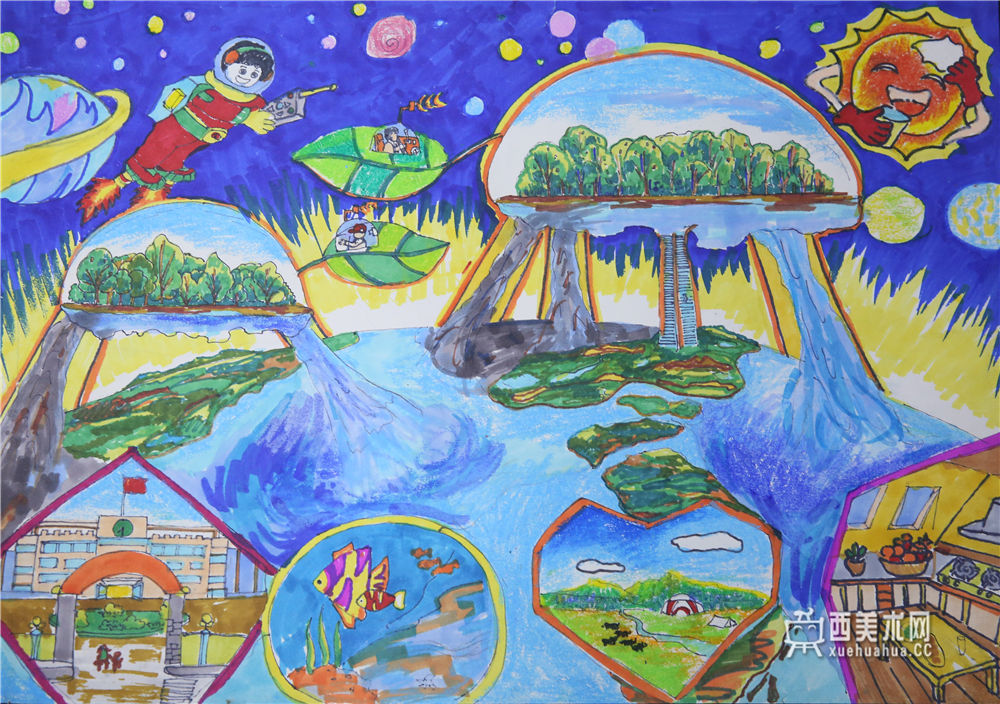 中学生获奖科幻画《未来世界—太阳能生态绿叶海洋净化》(1)