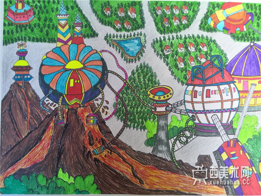 小学生科幻画《神奇的火山能源转换器》(1)