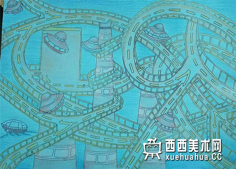 三等奖小学生获奖科幻画《摩天大桥》欣赏(1)