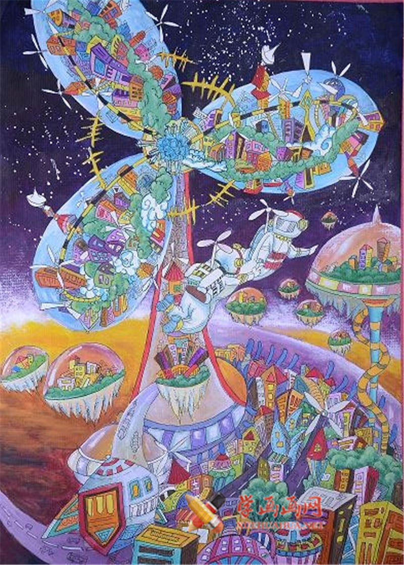 初中一年级二等奖科幻画《火星风车之城》(1)