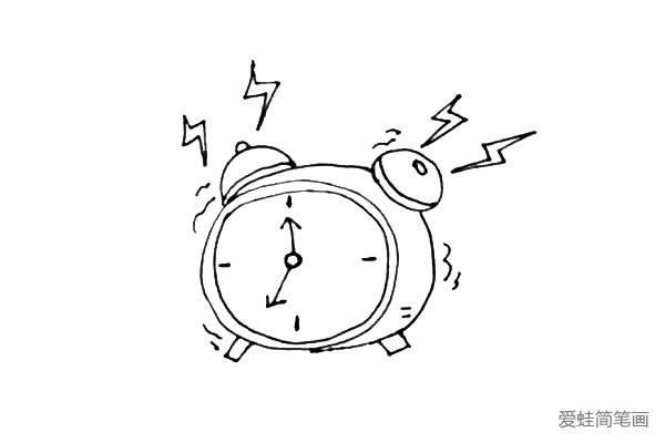 第六步：在小闹钟旁边画上一些小的波浪线和小闪电表示闹钟发出的响声。