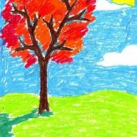秋日山坡上的大树油画棒作品欣赏