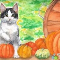 小猫咪和大南瓜秋天水彩画图片欣赏
